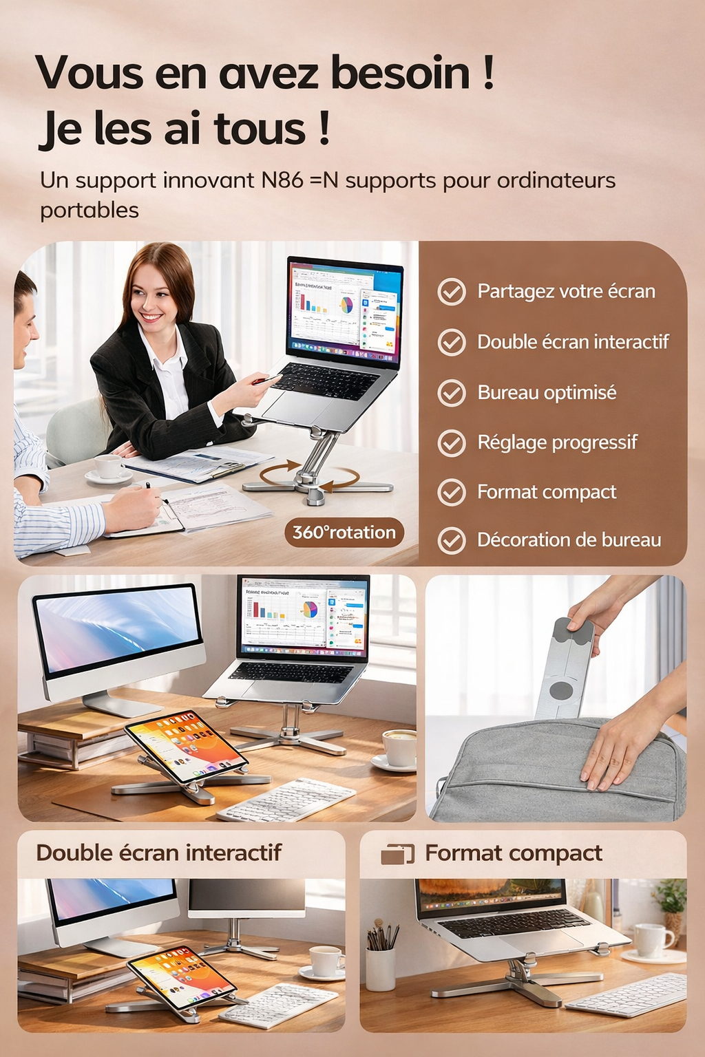 Support Ordinateur Ergonomique Réglable – Améliore la Posture & Réduit les Douleurs au Bureau